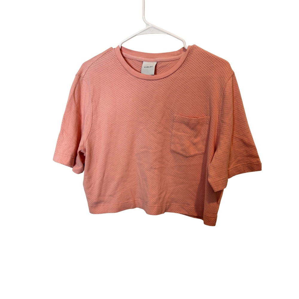 Varley Shirt Womens Small Pink Arelee Cotton‎ Mesh Cropped Boxy Pocket Tee